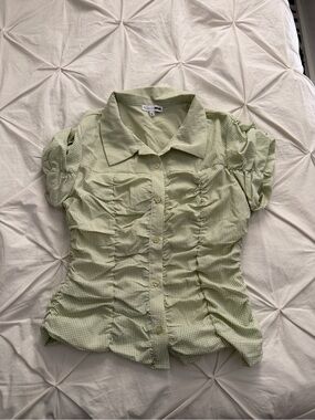 Fashion Nova Light Green Gingham Ruched Button-Front Blouse